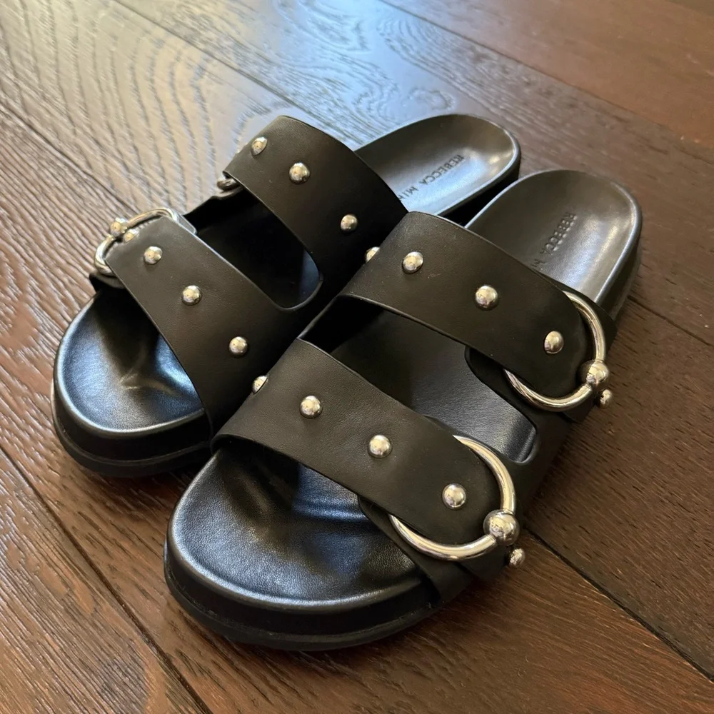 Rebecca Minkoff Black Leather Slide Sandals with Silver Accents - Picture 2 of 7